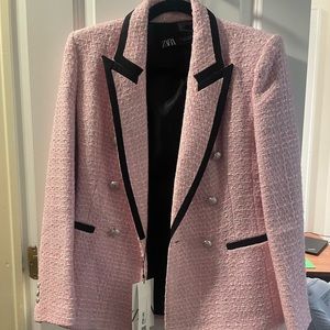 Zara pink tweed blazer with black trim size S NWT